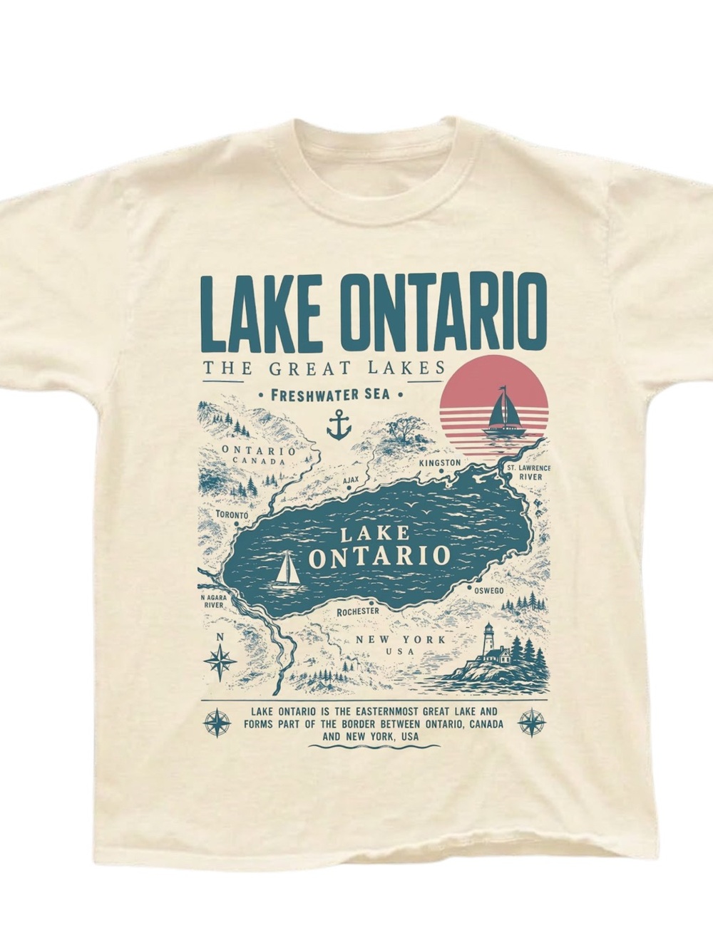 Gildan Cream Lake Ontario Map Graphic Tee with Blue and Pink Print